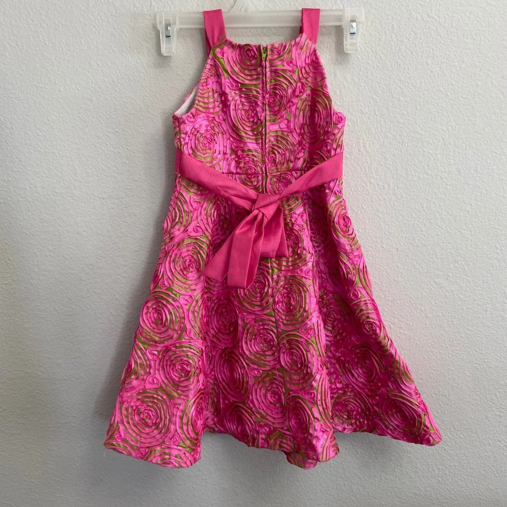 Rare Too Kids Size 5 Pink Lime Green Rosette Party Dress Easter 3D Floral Sash‎